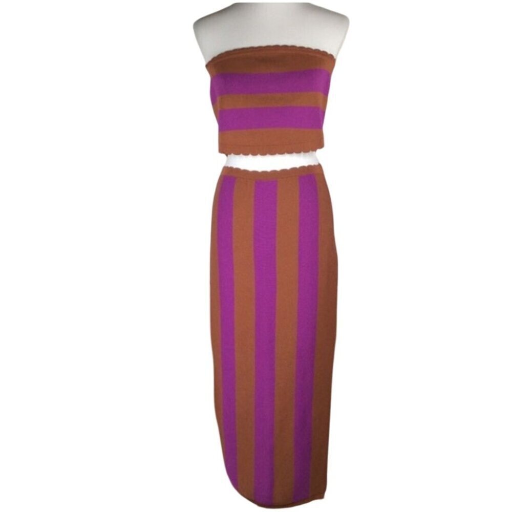 Anthropologie NWT Mandy Stripe Orange Purple Midi Skirt Strapless Top Set Size M